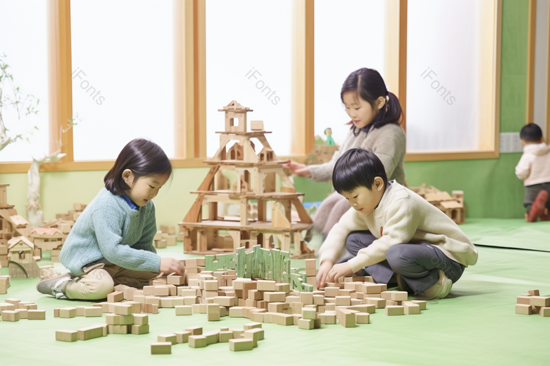 室内幼儿园老师带小朋友玩积木摄影图,高清,摄影图,摄影图片,图片大全,摄影图免费下载